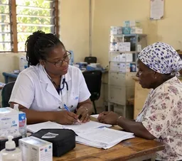 A nurse recording notes during a consultation with a patient at the Anse-Rouge mobile clinic
