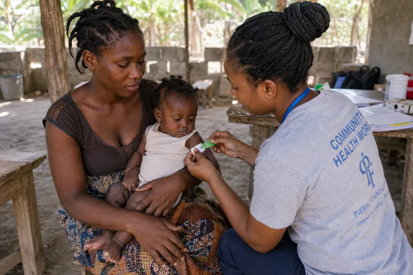 Una agente de salud comunitaria mide el brazo de un bebé durante un tamizaje nutricional mientras la madre lo sostiene